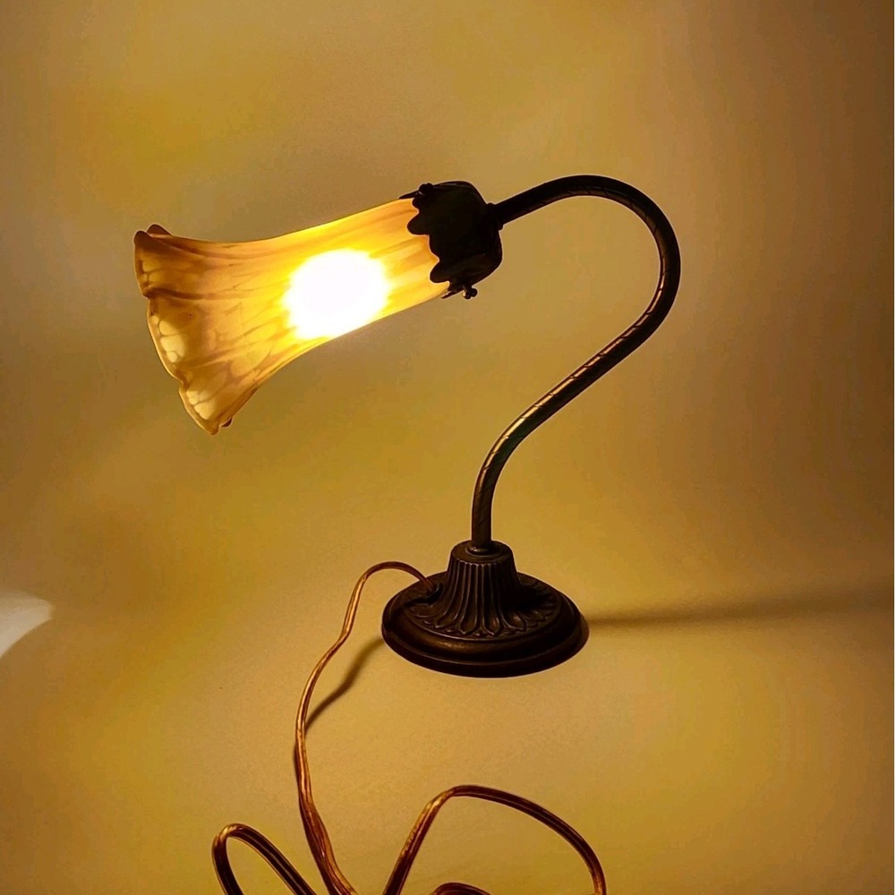 Vintage Art Nouveau Table Lamp Amber Slag Glass Shade Gooseneck Accent Light